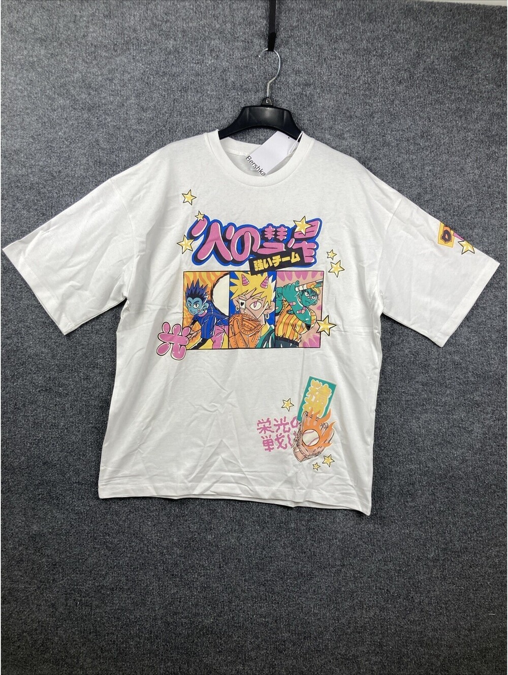 Bershka Mens Large White Anime Graphic Print S/S Shirt NWT